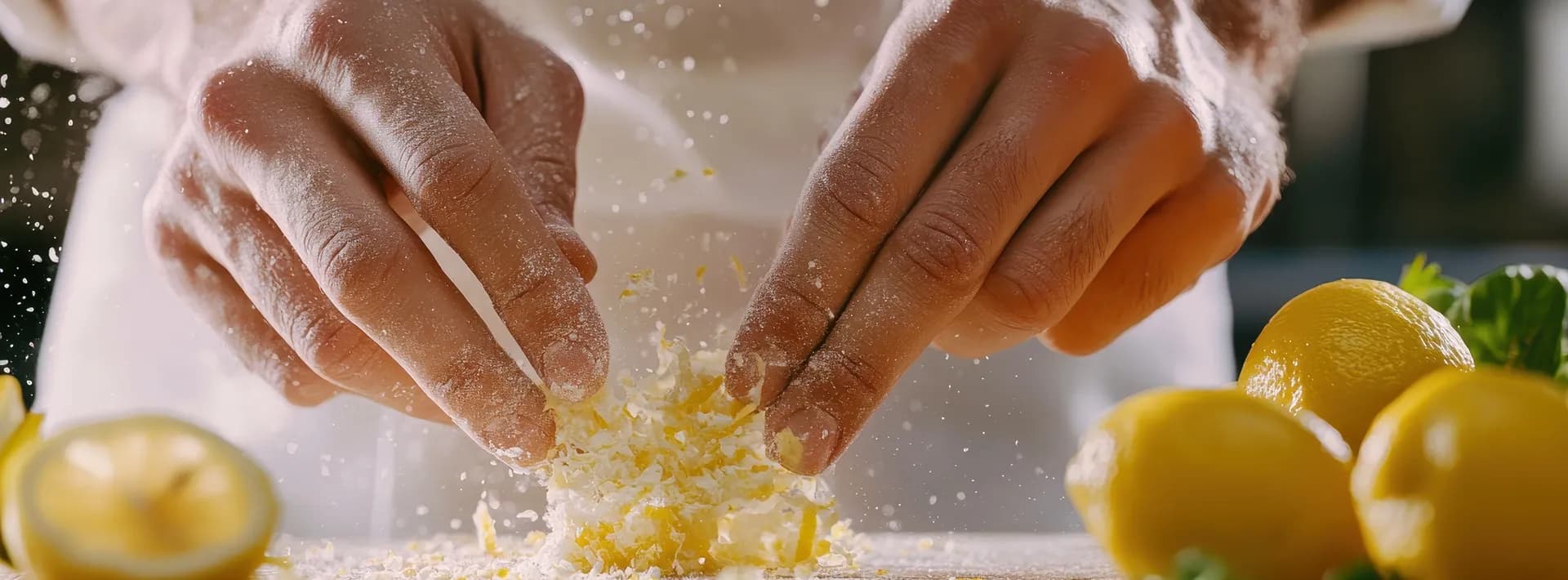 detail of a chef's hands working with lemon zest