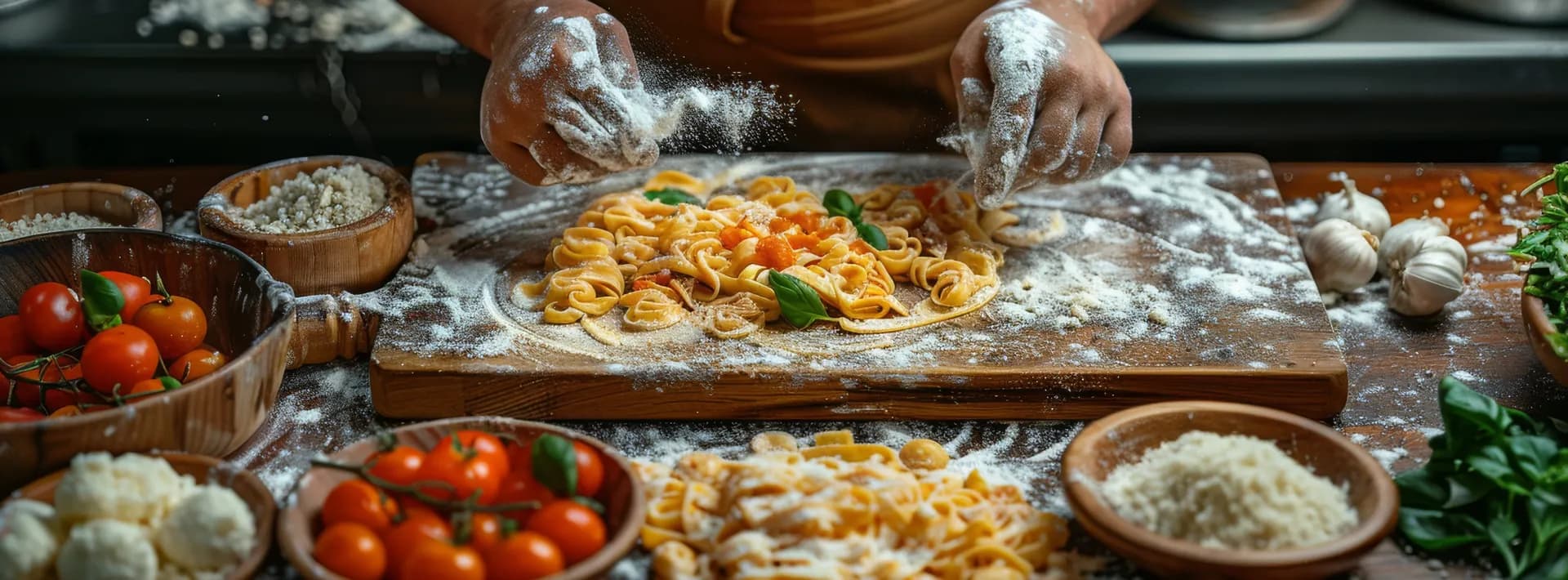 detail of a chef's hands working with fresh pasta