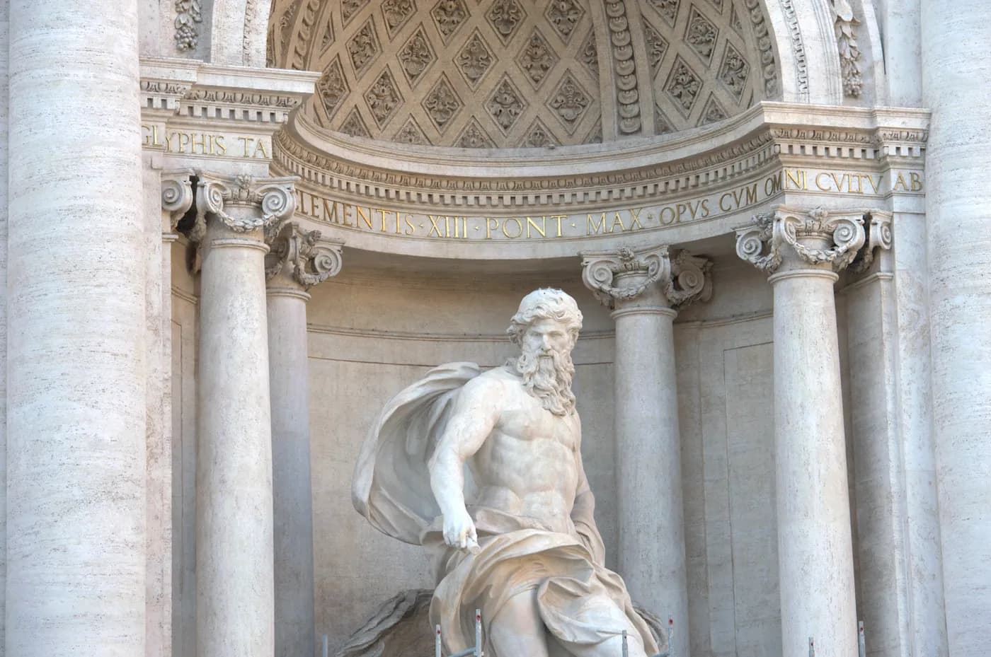 close up of a statue on the Trevi Fountain in Rome