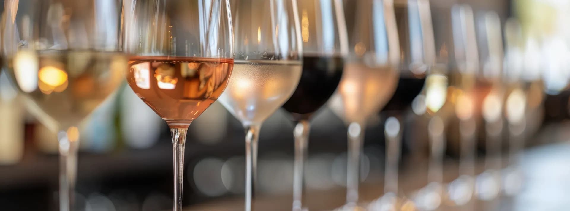a line of wine glasses partially filled with different varietals for a wine tasting