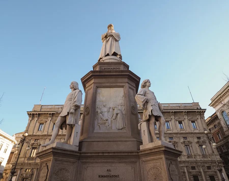 detail of the Leonardo da Vinci monument in Milan, Italy
