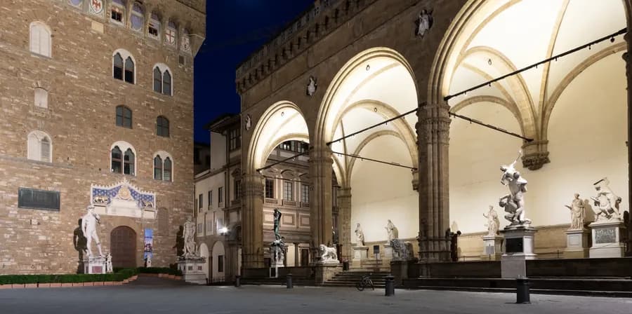 The Piazza della Signoria at night in Florence, Italy