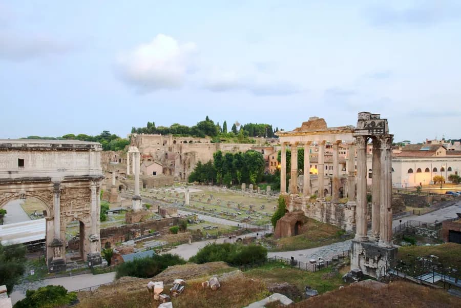 landscape view of the Roman Forum and Septimius Severus Arch in Rome