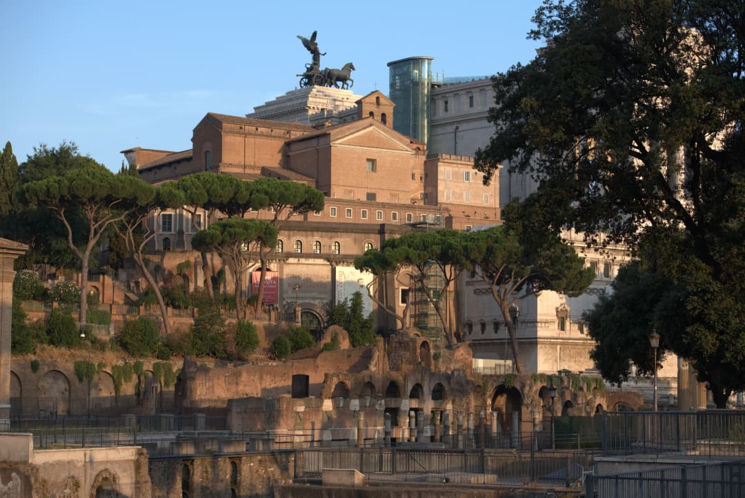 view of Rome from the Roman Forum at sunset