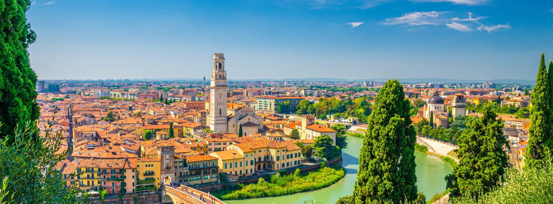 Aerial view of the Adige River running through the historic city center of Verona