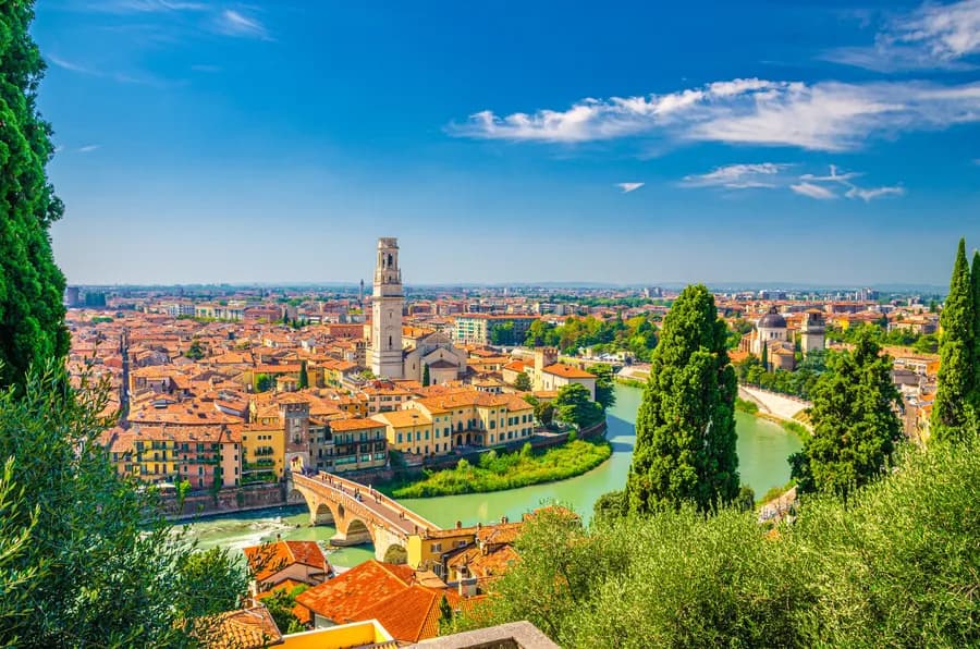 Aerial view of the Adige River running through the historic city center of Verona