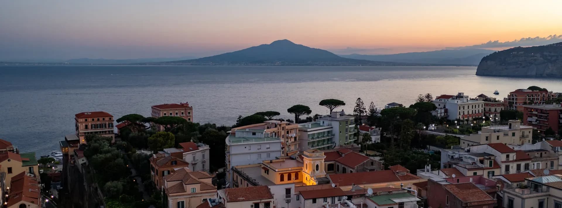 Sorrento and the Bay of Naples looking toward Mt. Vesuvius at dawn in Italy