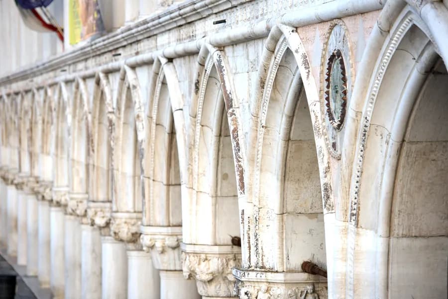 Detail of the gallery arches at Doge's Palace in Venice, Italy