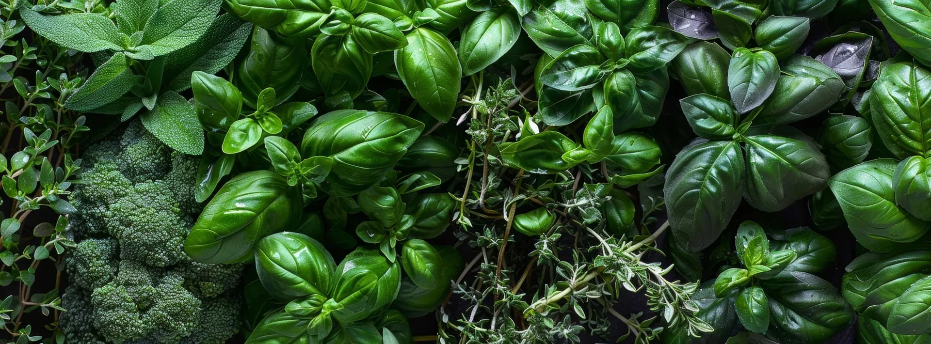 detail of fresh basil and other herbs